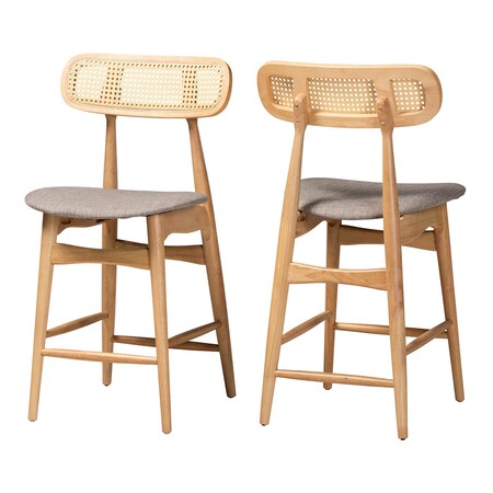Baxton Studio Tarana Mid-Century Modern Grey Fabric and Natural Oak Finished Wood 2-Piece Counter Stool Set, PR 235-2PC-13305-ZORO